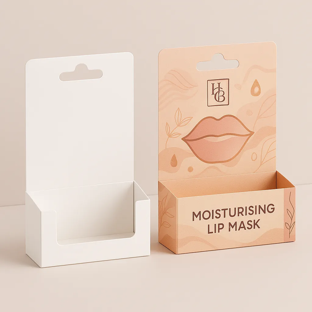 An open white box next to a printed peach box featuring -HCB- branding- class=